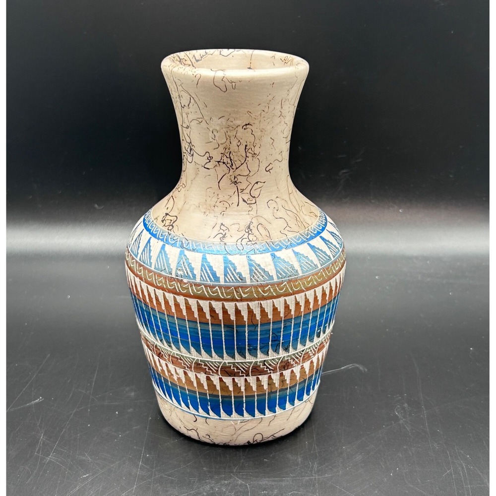 Jessica Billy Navajo Pottery Horsehair Etched Vase Blue Gold 7.5" H See Descript